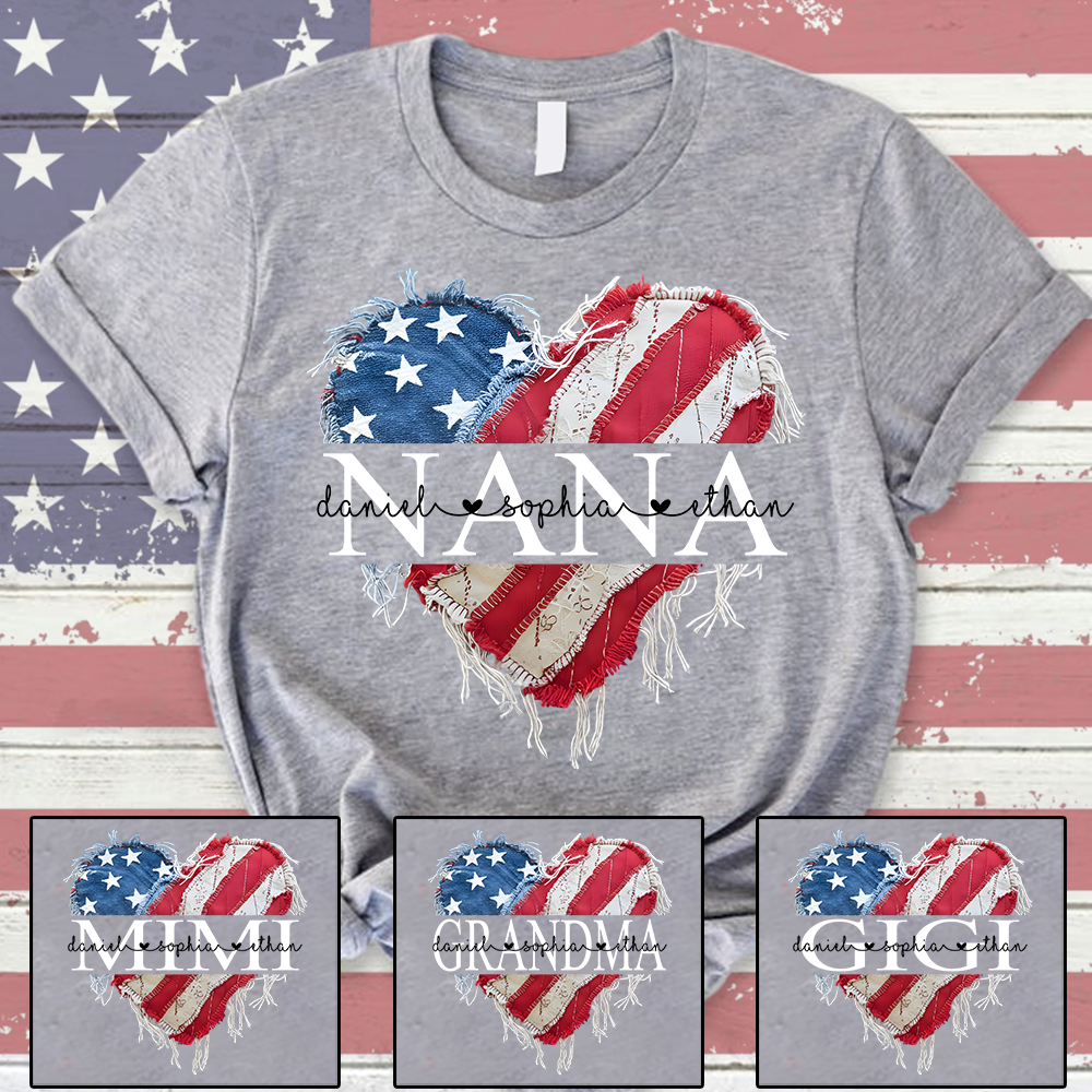 Personalized Nana Patriotic Heart T-Shirt – Custom Grandkids’ Names Tee, American Flag Fringe Heart Design, 4th of July Gift for Grandma/Nana