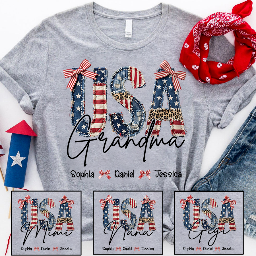 Personalized Vintage USA Patchwork Grandma T-Shirt – Custom Grandkids Names 4th of July Patriotic Tee, Grandma Gift