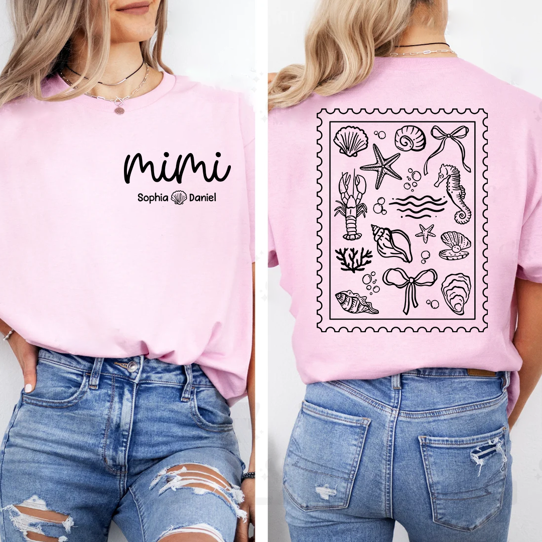 Custom Mimi Coastal Seashell Back Print T-Shirt – Personalized Grandma Tee with Grandkids Names, Beach Lover Gift for Women