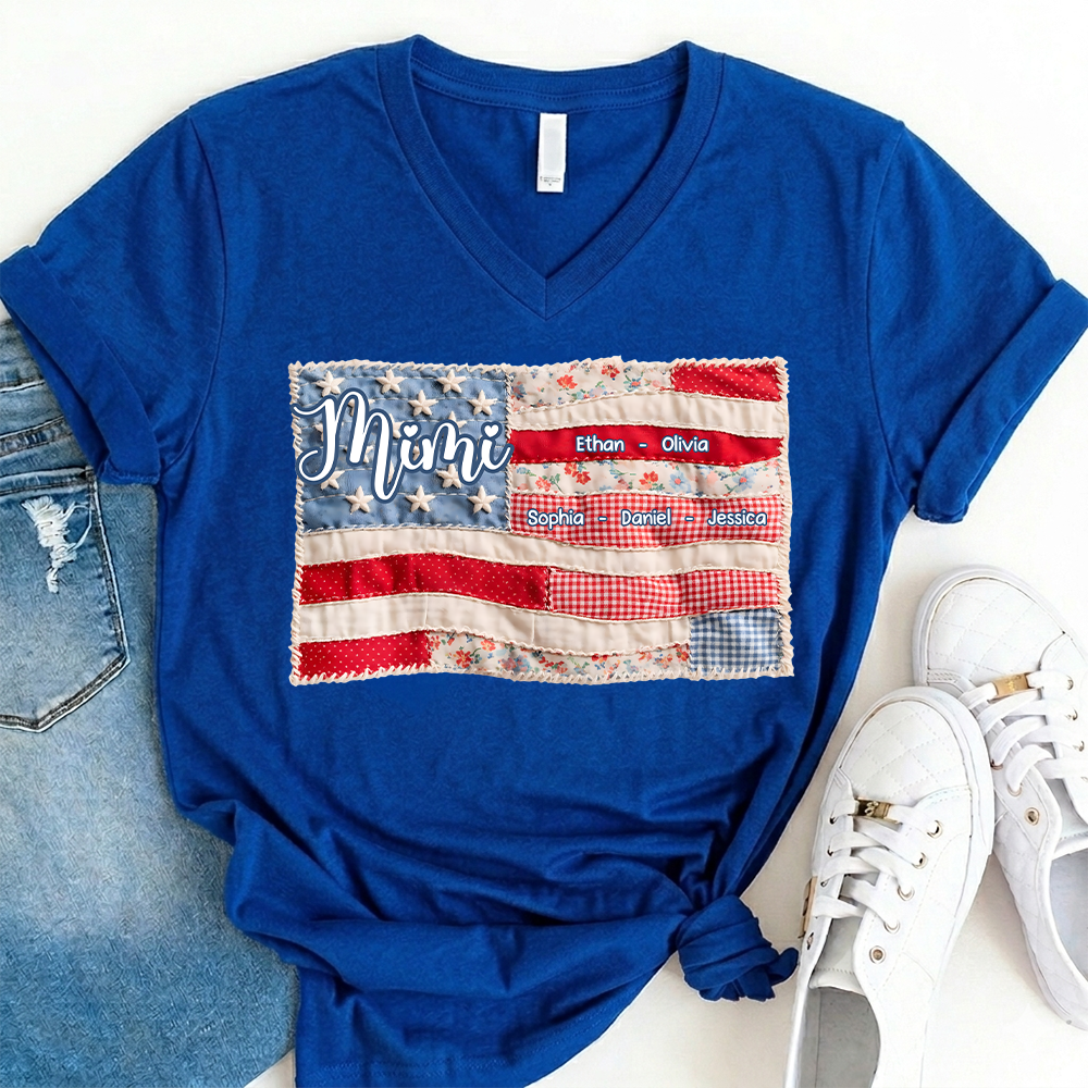 Custom Mimi American Flag Patchwork V-Neck T-Shirt – Personalized Grandma Gift with Kids’ Names, Patriotic Summer Tee for Women