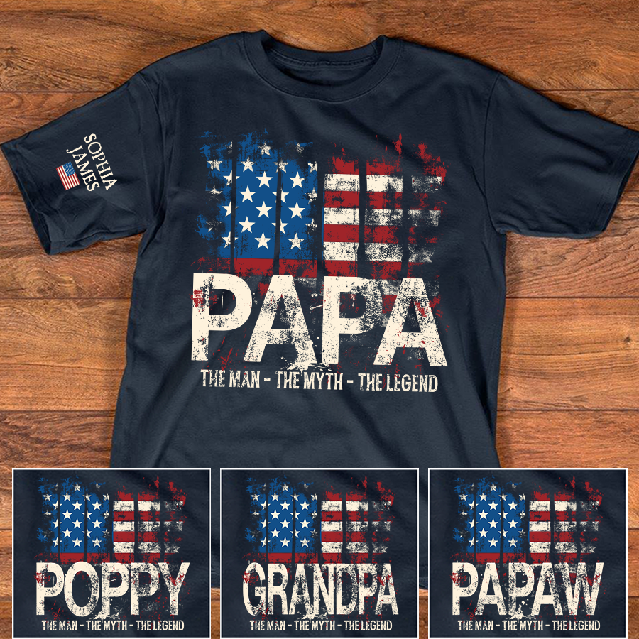 Papa The Man The Myth The Legend Custom T-Shirt – Personalized American Flag Tee with Kids Names, Gift for Grandpa