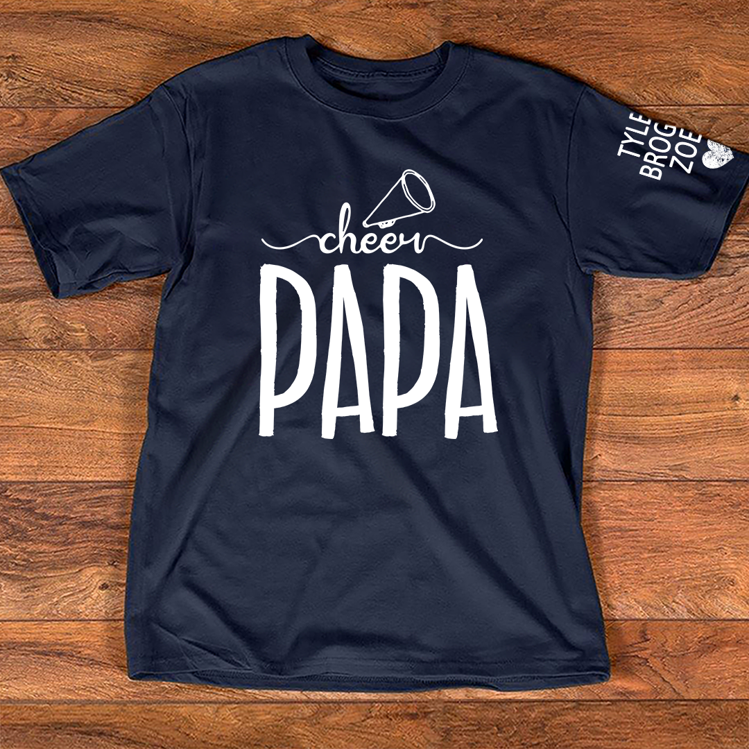Custom Cheer Papa T-Shirt – Personalized Dad’s Cheer Tee with Kid‘s Names on Sleeve, Father’s Day Gift for Papa