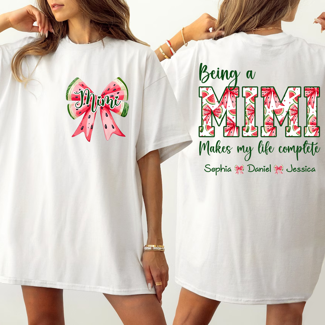 Personalized Double-Sided Watermelon Bow Mimi T-Shirt | Custom Grandkids Names Summer Fruit Grandma Tee, Mother’s Day Gift for Nana Gigi