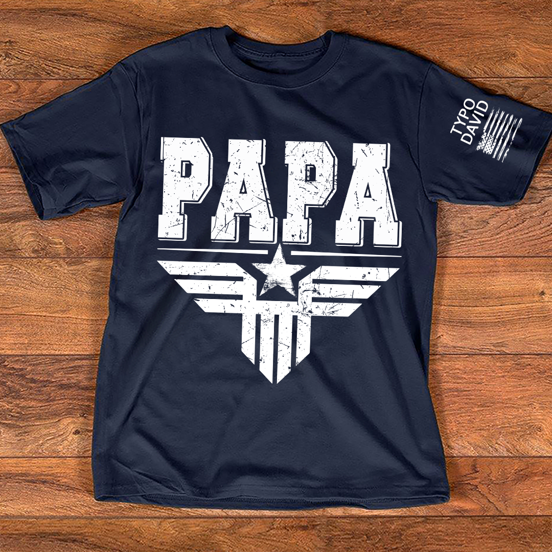 Patriotic Papa Custom American Flag T-Shirt – Military Eagle Graphic Tee, Personalized Sleeve, Father’s Day Gift