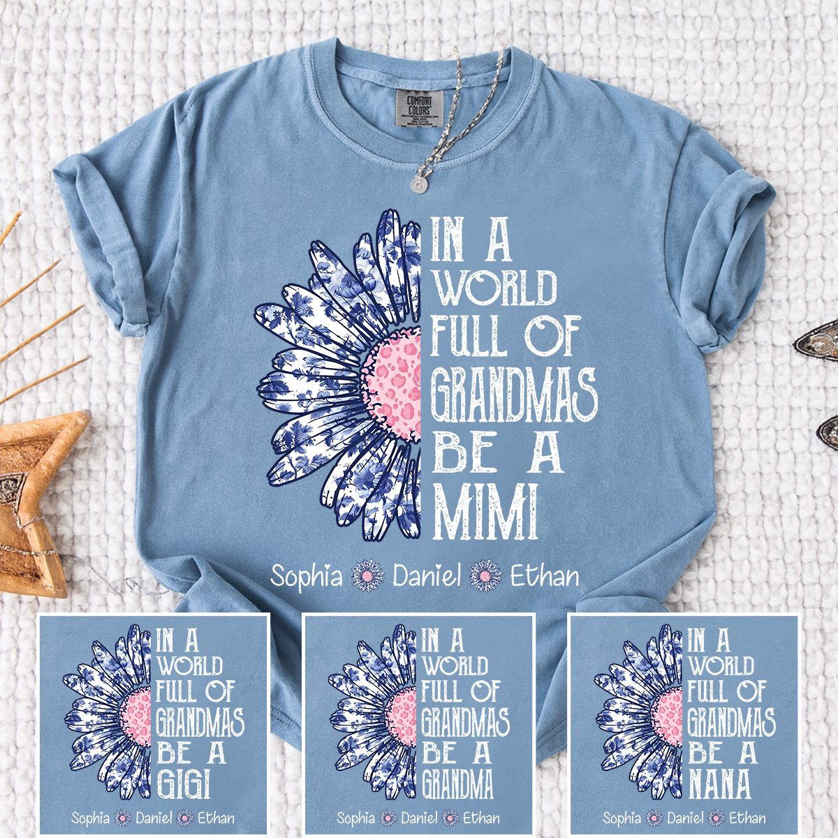 Custom Mimi Daisy Flower T-Shirt – “In a World Full of Grandmas Be a Mimi” with Grandkids Names, Personalized Family Tee for Women