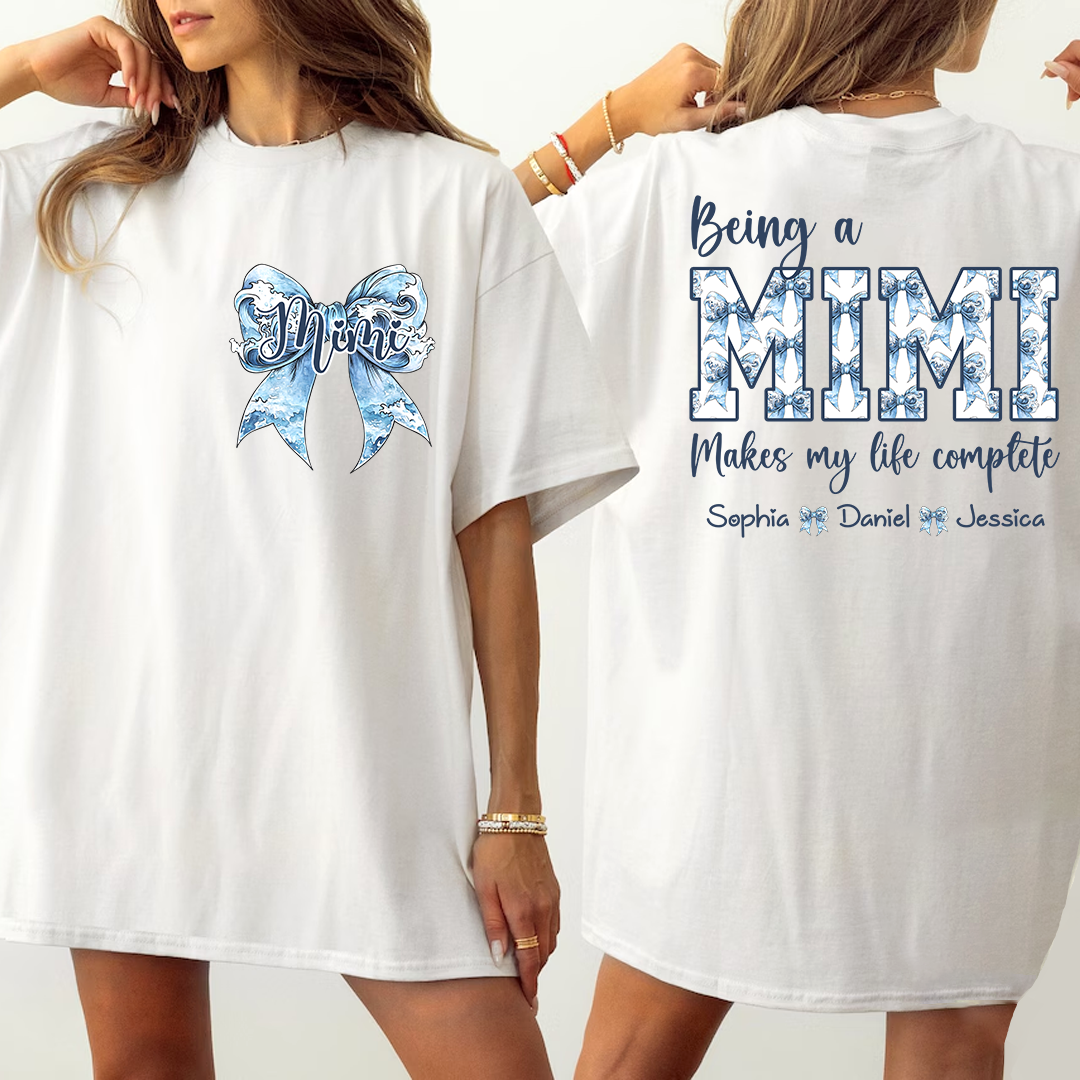 Custom Mimi Blue Bow Coquette T-Shirt – Personalized Grandma Apparel with Grandchildren Names, Sweet Back Design Tee for Women