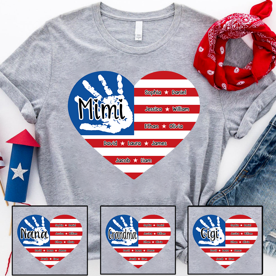 Custom Mimi American Flag Heart Handprint T-Shirt – Personalized Grandma Tee with Family Names, Patriotic Gift for Mimi