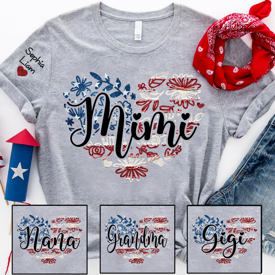 Custom Mimi Patriotic Floral Heart T-Shirt – Personalized 4th of July Tee with Grandkids Names, American Flag Design