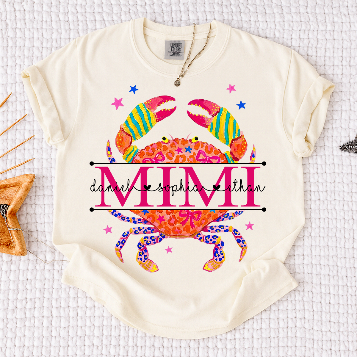 Personalized Preppy Leopard Crab Mimi T-Shirt | Custom Grandkids Names Summer Beach Grandma Tee, Vacation & Mother’s Day Gift for Nana Gigi