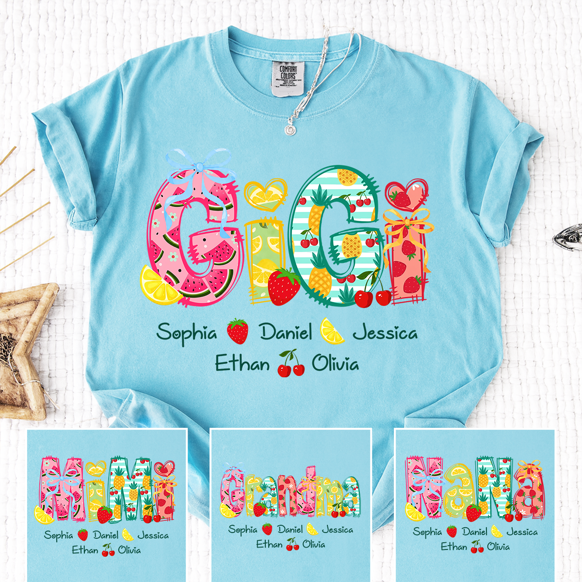 Custom Gigi Summer Fruit T-Shirt – Personalized Grandma Tee with Kids‘ Names, Sweet Cherry Graphic Family Outfit