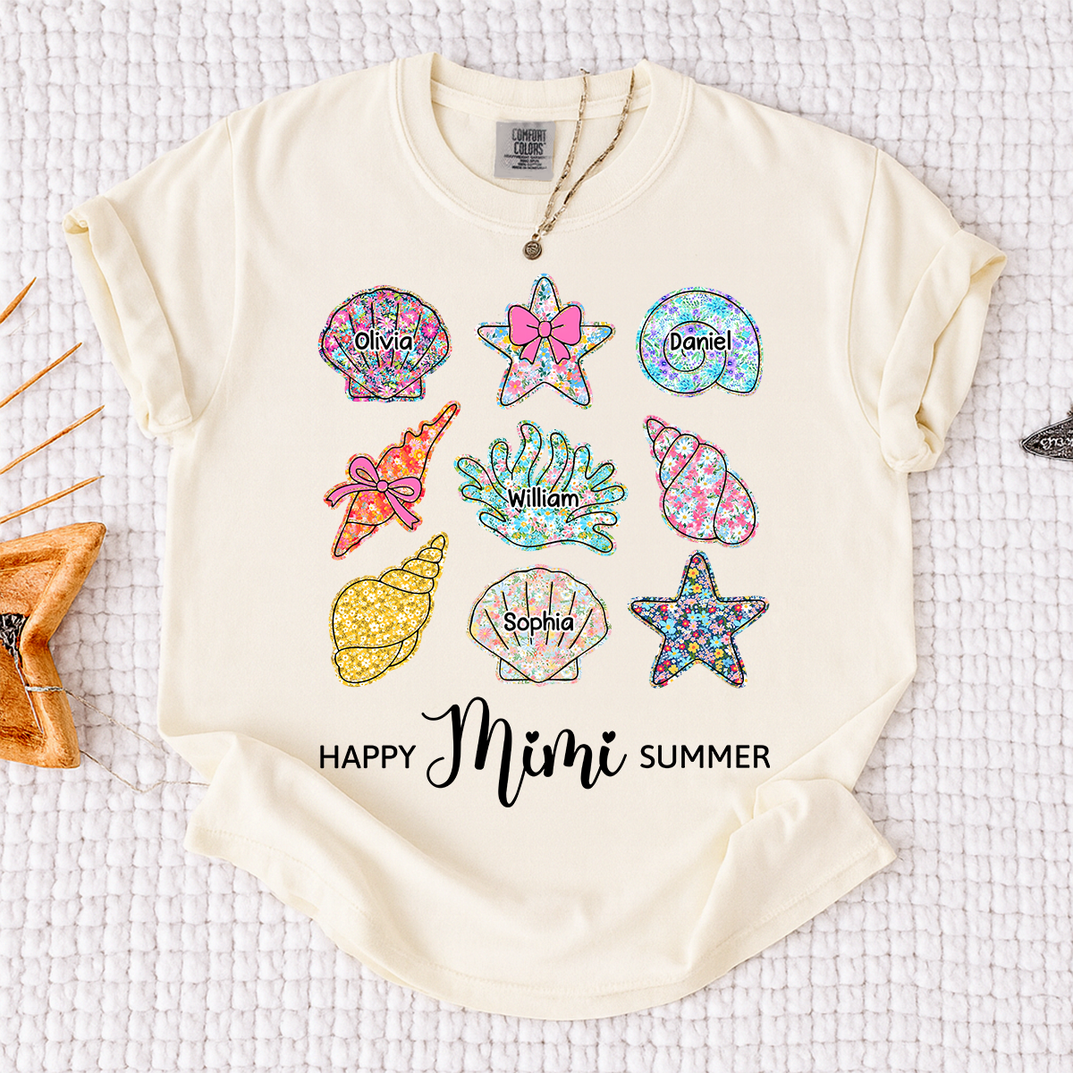 Personalized Mimi Summer Beach T-Shirt – Custom Grandma Seashell Starfish Design with Grandkids‘ Names, Summer Family Outfit for Women