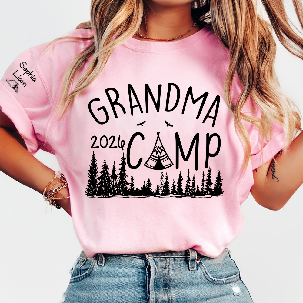 Grandma Camp 2026 T-Shirt – Custom Grandma Camping Shirt with Grandkids Names, Cute Outdoor Family Vacation Tee for Grandma