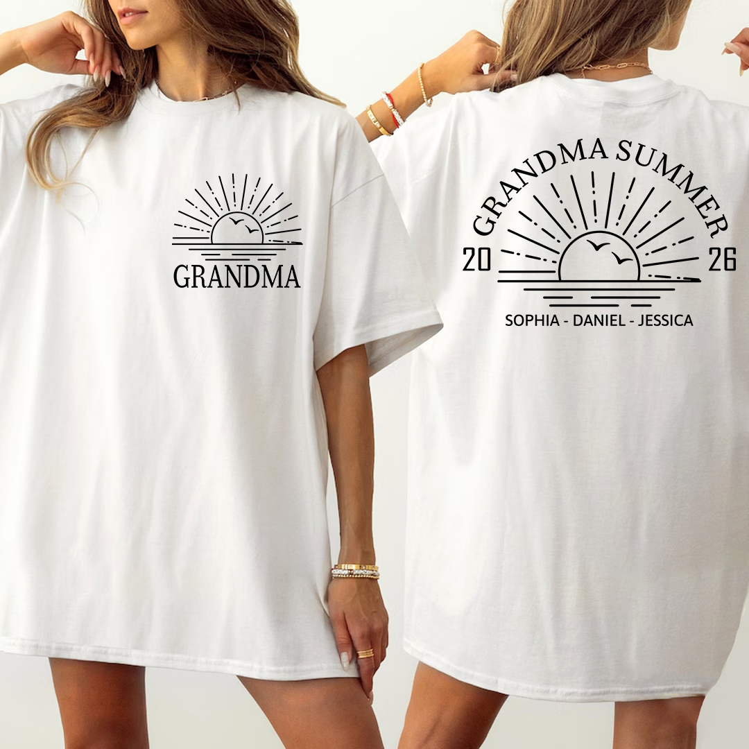 Custom Grandma Summer 2026 Beach T-Shirt – Personalized Family Vacation Apparel with Grandkids Names for Women