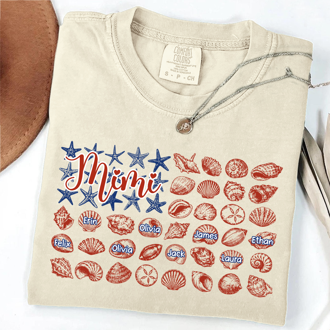Custom Mimi Beach Shells T-Shirt – Personalized Grandma Tee with Kids‘ Names, Summer Family Vacation Gift for Grandmother