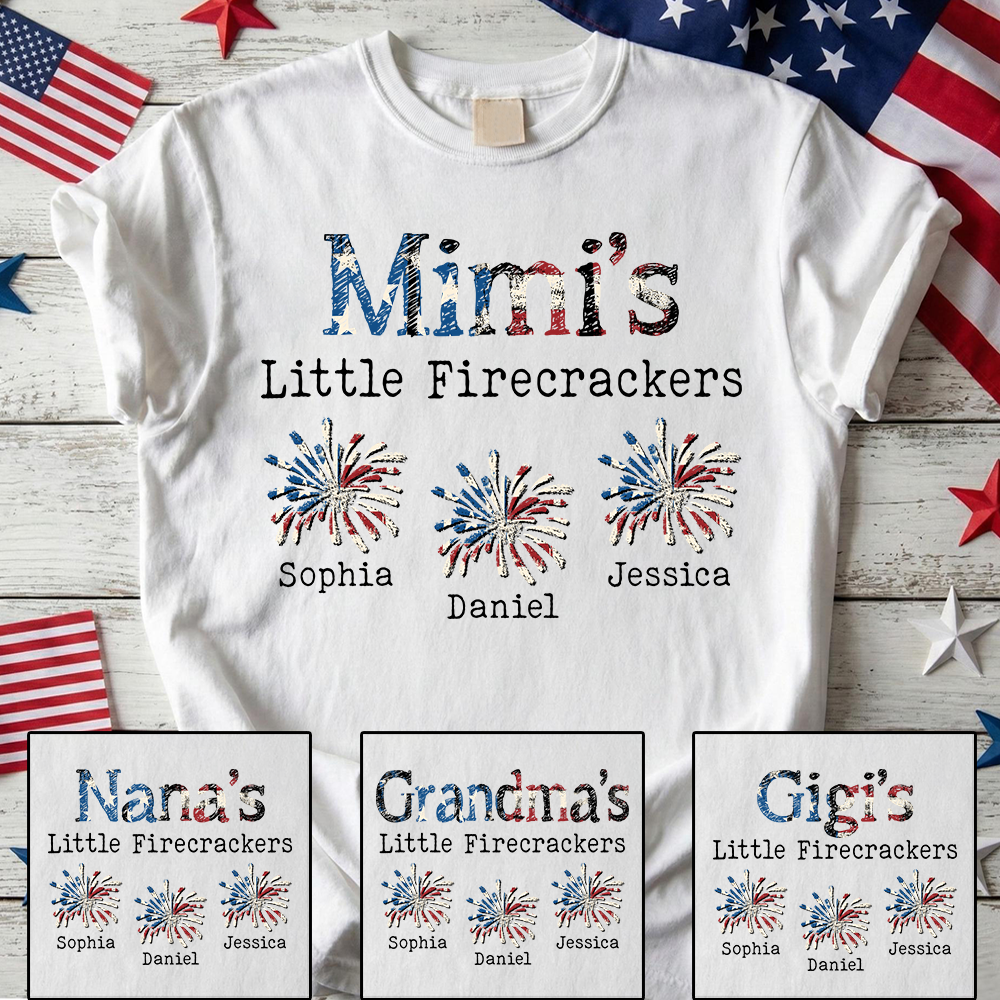 Personalized Mimi‘s Little Firecrackers T-Shirt – Custom Patriotic Family Tee with Kids’ Names, 4th of July Grandma Gift for Women