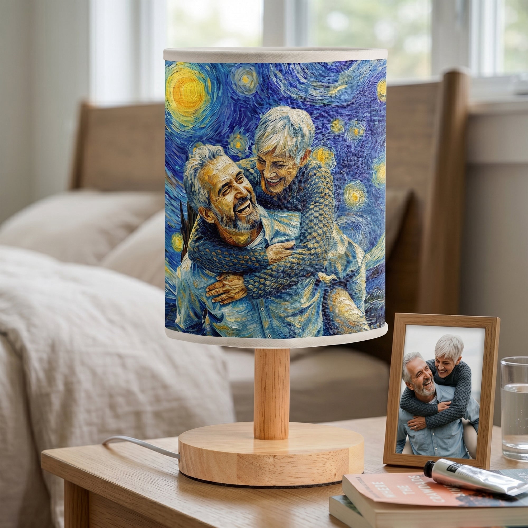 Custom Couple Photo Van Gogh Starry Night Table Lamp, Personalized Fabric Shade Wooden Bedside Lamp, Custom Portrait Art Anniversary Valentine Gift for Him Her