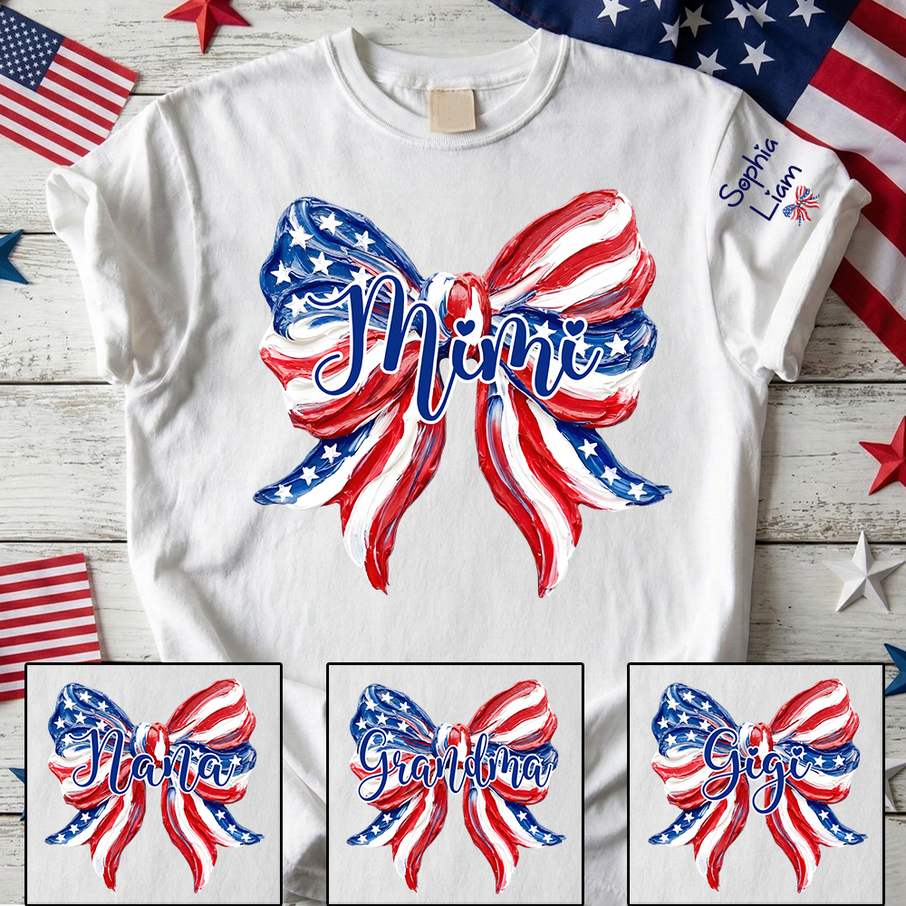Personalized USA Patriotic Bow Mimi T-Shirt – Custom Grandkids Names On Sleeve 4th of July Grandma Tee, Independence Day Gift for Nana Gigi Grandma