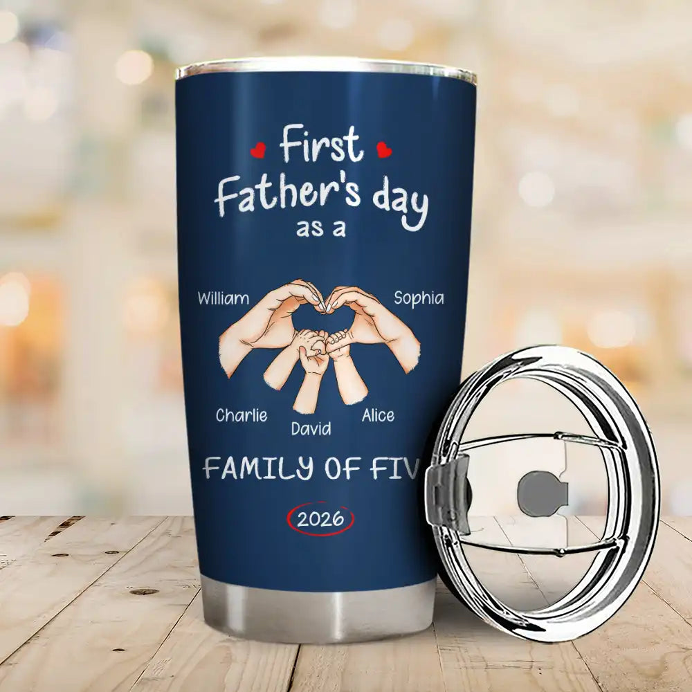 First Father’s Day As A Family Of Three/Four Personalized Tumbler – Custom Names & Year Insulated Stainless Steel Travel Mug, New Dad Gift