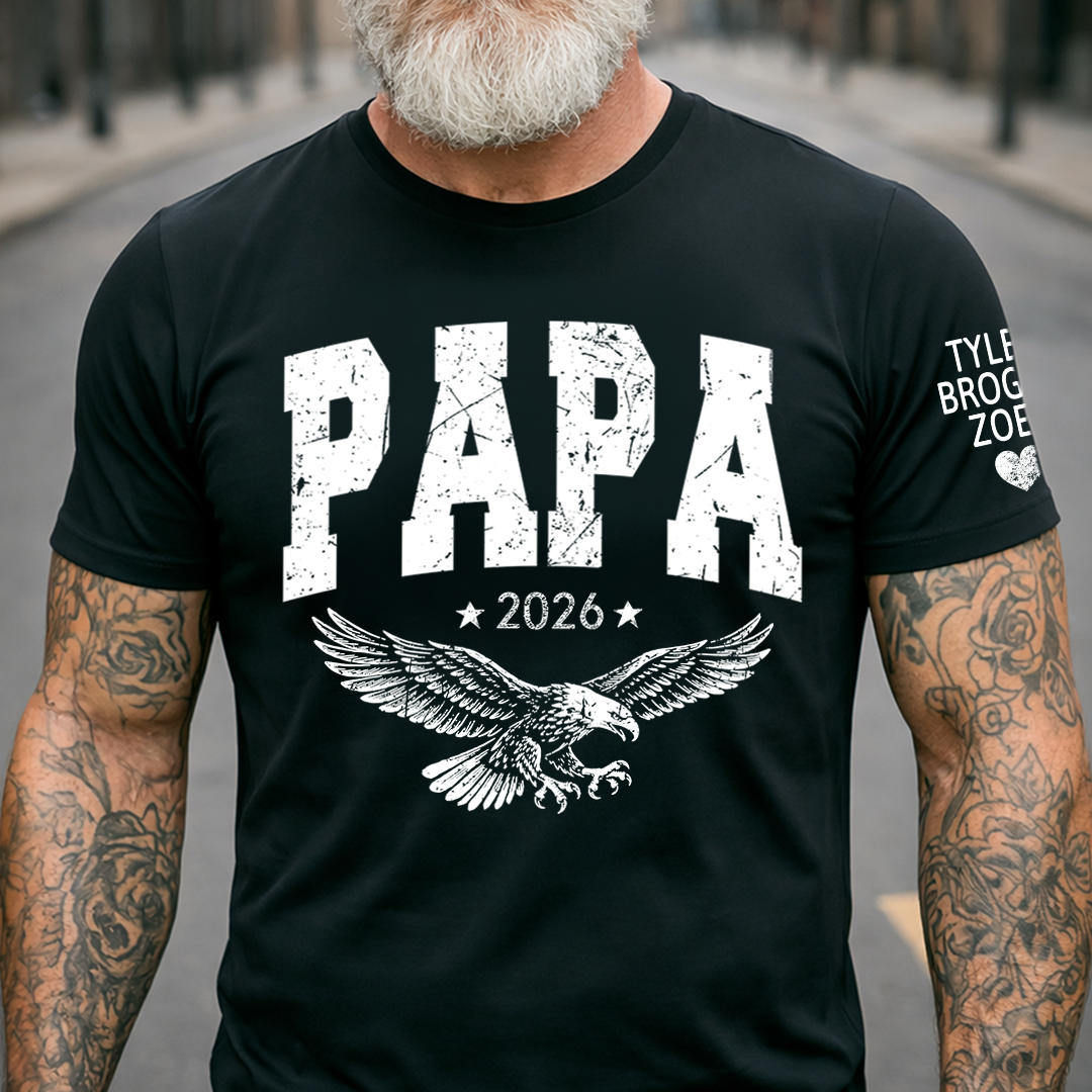Custom Papa T-Shirt – Personalized Distressed Patriotic Eagle Design, Father’s Day Tee for Grandpa with Custom Name & Year