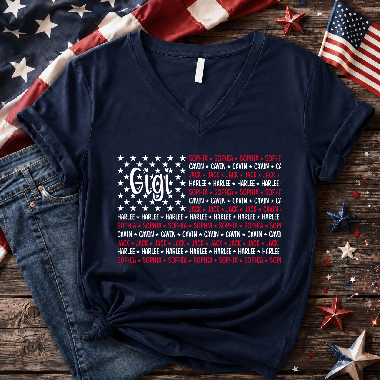 Personalized Grandma and Kids American Flag T-Shirt – USA 250th Anniversary Patriotic Tee with Custom Family Names