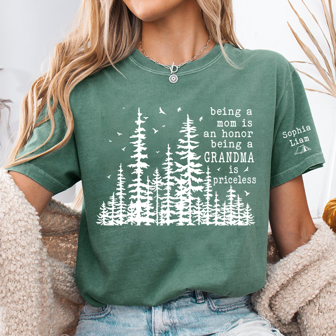 Being a Mom Is an Honor Being a Grandma Is Priceless T-Shirt – Personalized Grandma Shirt with Grandkids Names, Nature Lover Floral Tee for Women