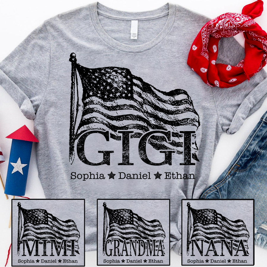 Gigi USA Flag T-Shirt – Personalized with Kids‘ Names, Custom Family 4th of July Patriotic Tee for Grandma
