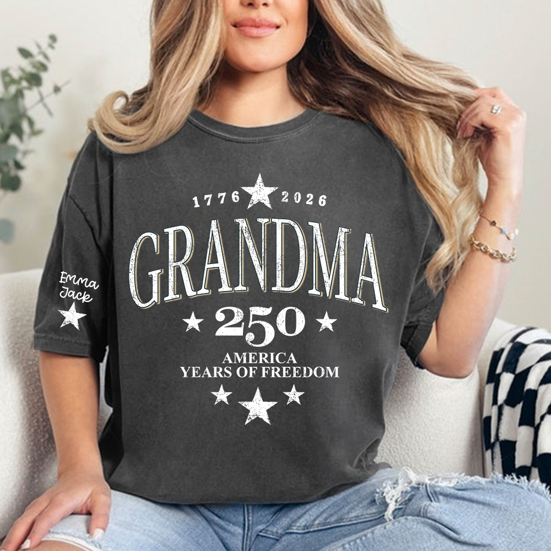 America 250th Birthday Grandma T-Shirt – 1776-2026 Patriotic Vintage Star Tee, Custom Grandkids Names On Sleeve 4th of July Gift