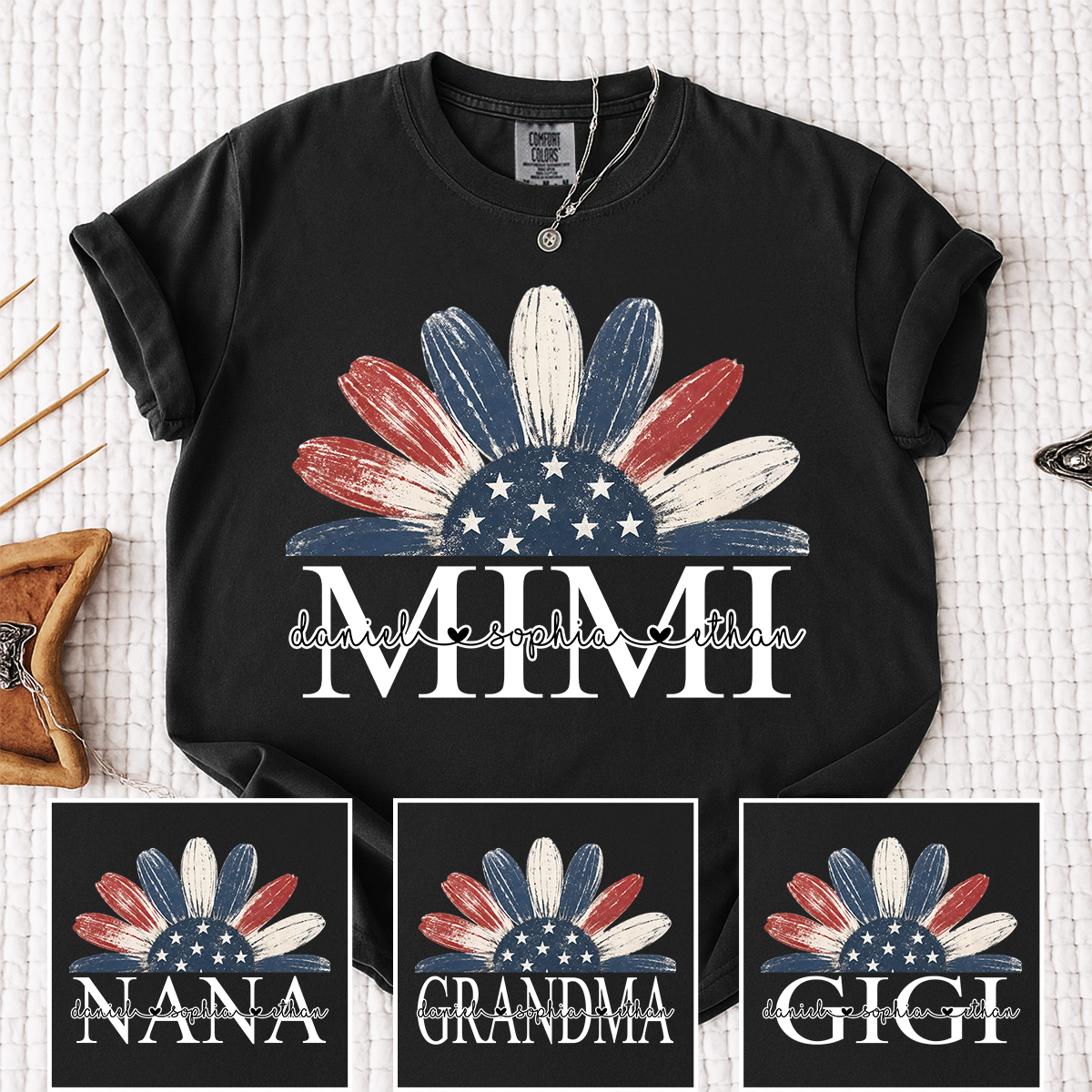 Custom Vintage American Flag Daisy Mimi T-Shirt – Personalized Grandkids Names Patriotic Grandma Tee, 4th of July Gift