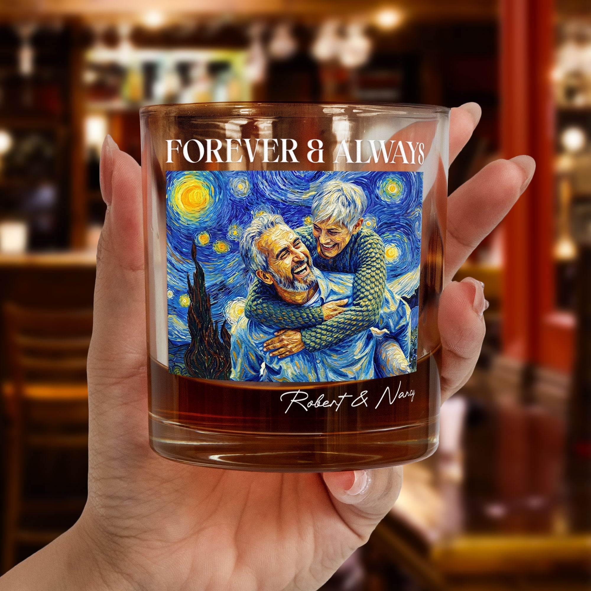 Couple Photo Van Gogh Art Whiskey Glass – Personalized Forever & Always Engraved Glass, Anniversary Gift for Him Her