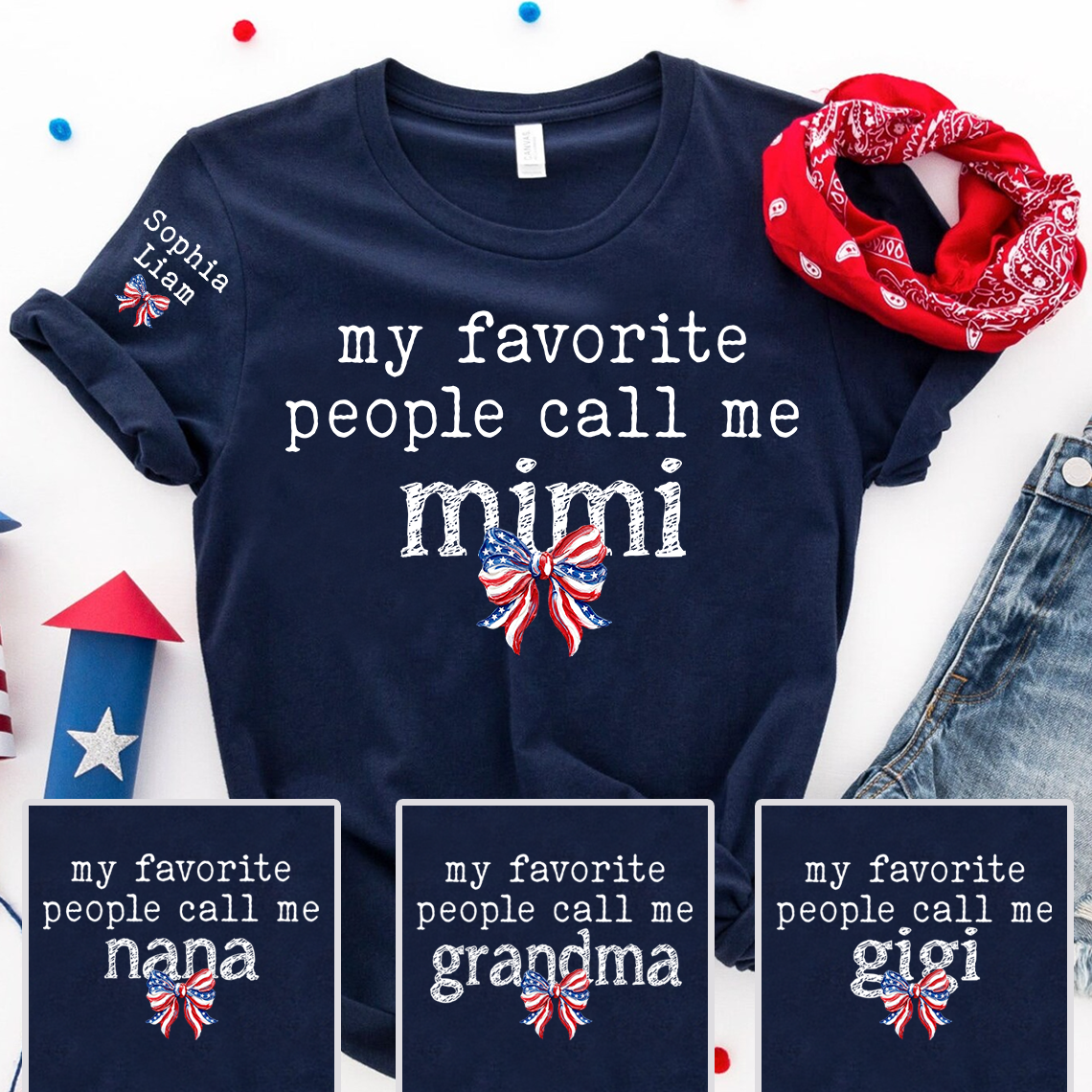 Personalized Mimi My Favorite People Call Me Mimi T-Shirt – Patriotic Grandma Gift with Kids’ Names for Fourth of July