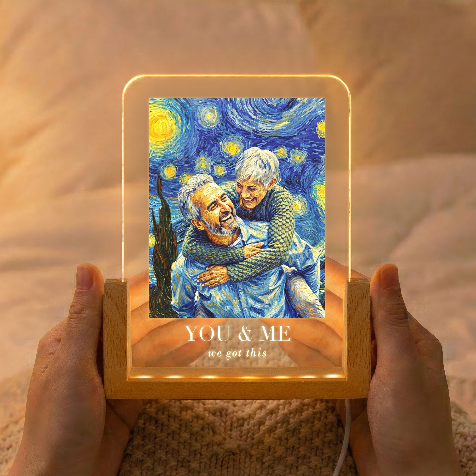 Custom “We Got This” Couple Van Gogh Art Night Light – Personalized Acrylic & Wood LED Lamp, Anniversary Gift for Her Him