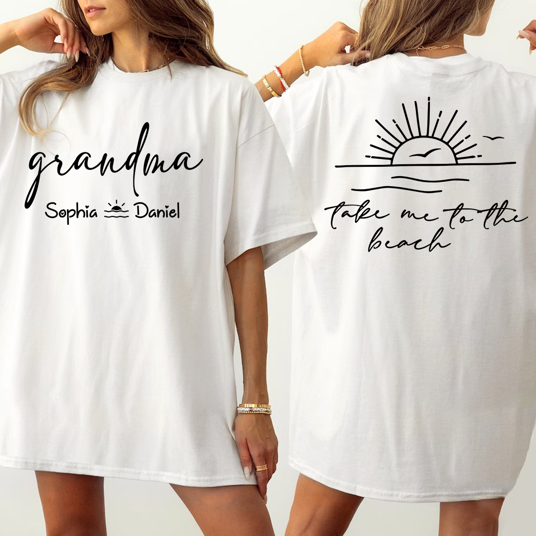 Custom Grandma Beach Vacation Back Graphic T-Shirt – Personalized Summer Apparel with Grandkids Names for Women