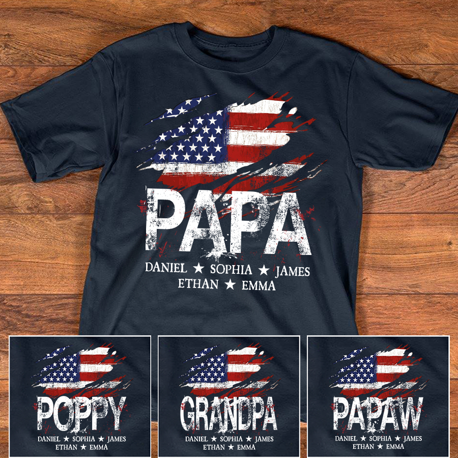 Papa Torn American Flag Custom T-Shirt – Personalized Patriotic Tee with Kids Names, Father’s Day Gift for Grandpa