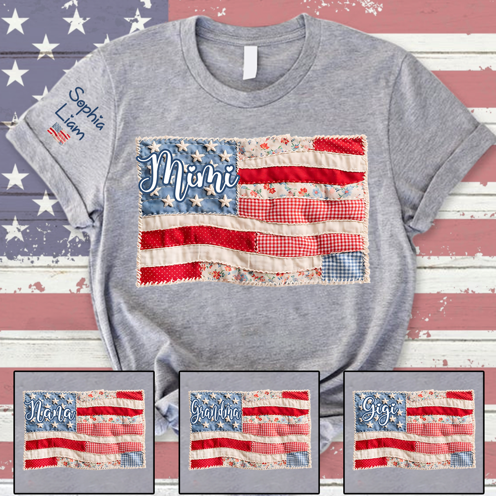Personalized Patriotic Patchwork American Flag Grandma T-Shirt – Custom Grandkids’ Names Sleeve Tee for 4th of July