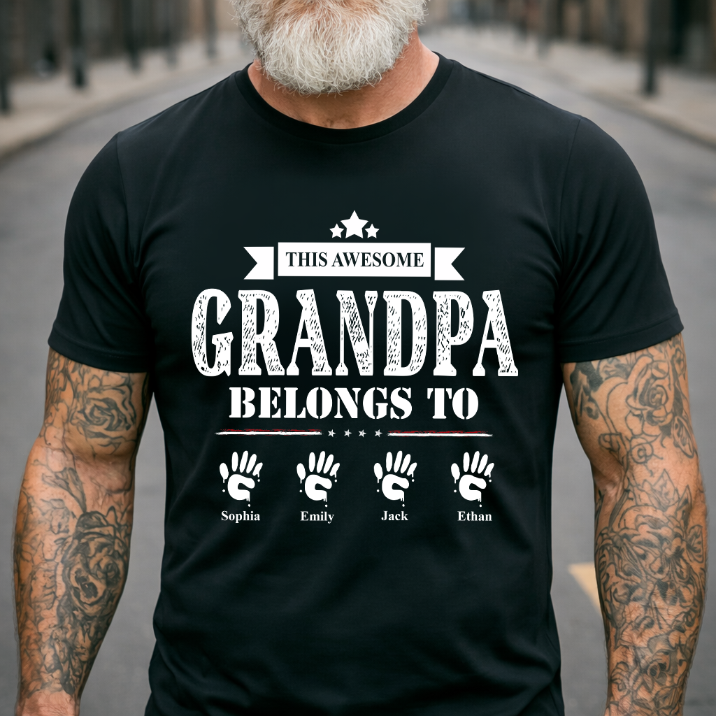 This Awesome Grandpa Belongs To Custom T-Shirt – Personalized Tee with Grandkids Handprint Names, Father’s Day Gift for Grandpa