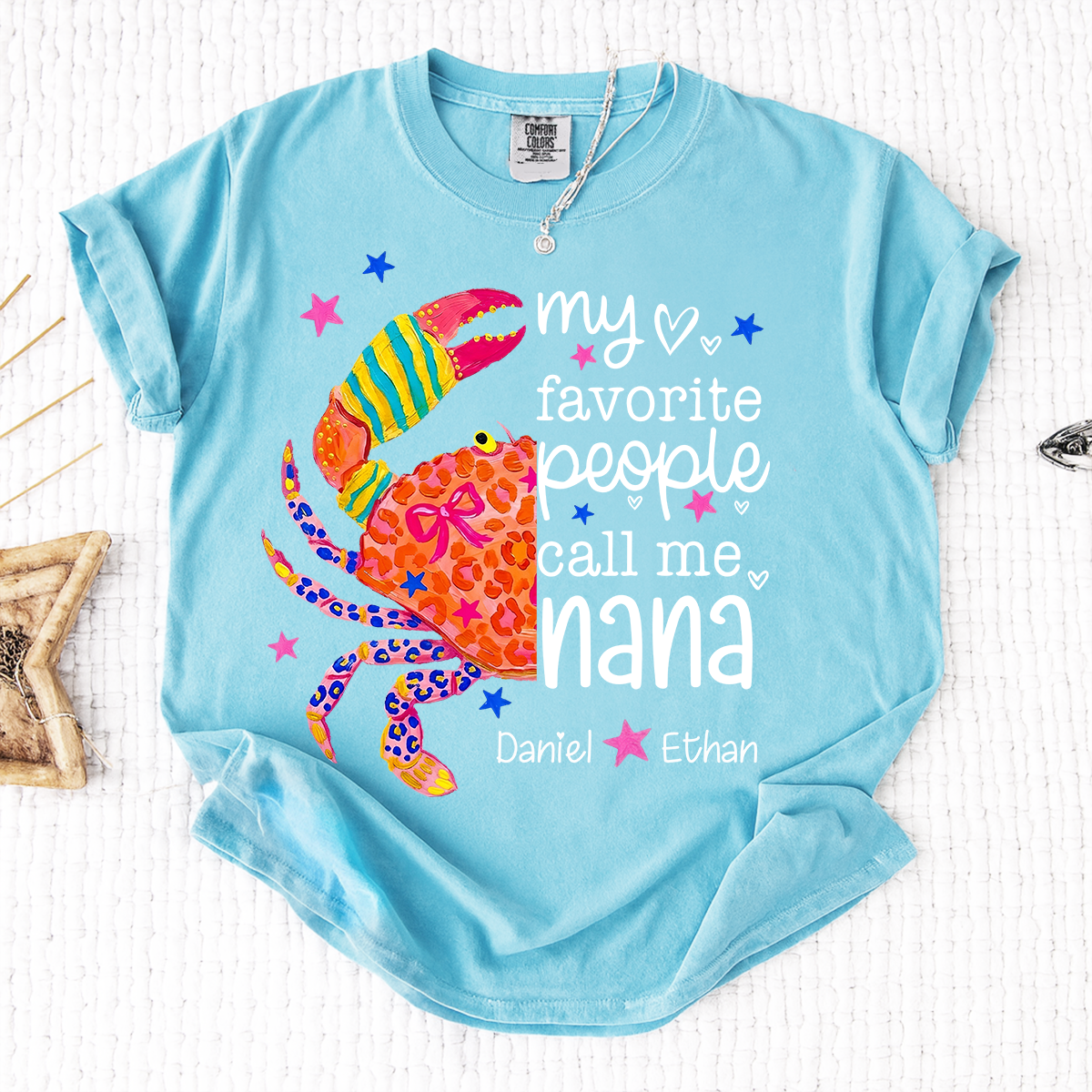 Colorful Crab Nana Shirt – Personalized “My Favorite People Call Me Nana” Summer Graphic Tee, Custom Grandma T-Shirt with Grandkids Names