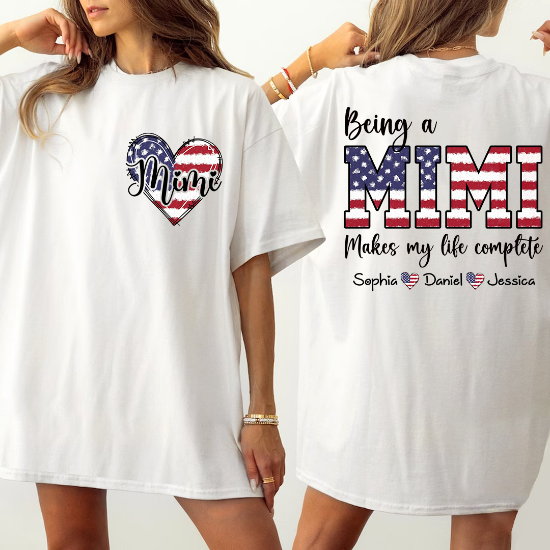 Double-Sided Patriotic American Flag Heart Mimi T-Shirt | Custom Grandkids Names 4th of July Grandma Comfort Colors Tee, Mother’s Day Gift