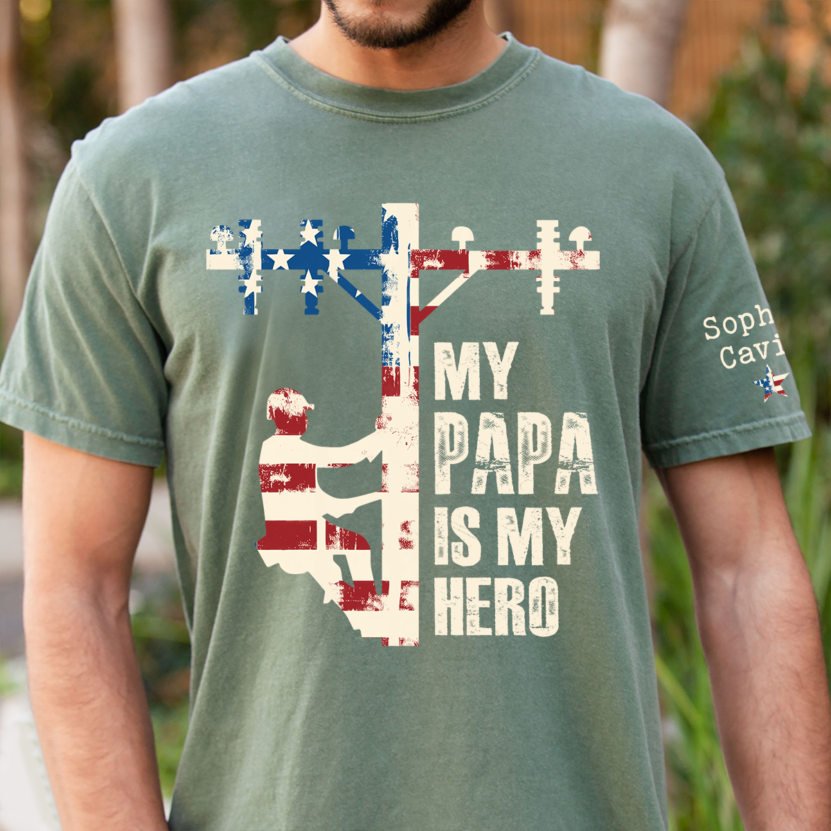 Patriotic My Papa Is My Hero Custom Lineman T-Shirt – American Flag Design, Personalized Dad Gift For Father’s Day & Birthdays