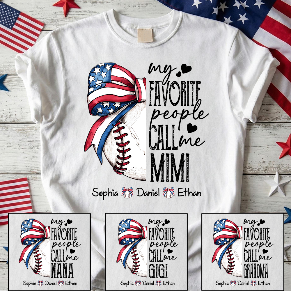 Personalized Patriotic Baseball Mimi T-Shirt – Custom Grandkids Names USA Bow Grandma Tee, Sports Lover Mother’s Day Gift