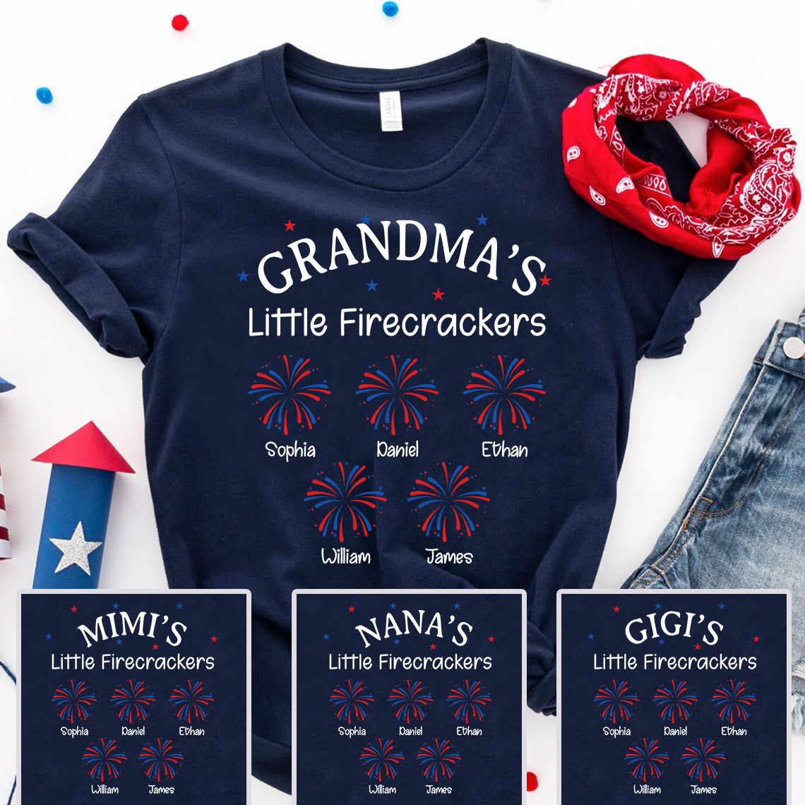 Grandma‘s Little Firecrackers T-Shirt with Kids’ Names – Personalized Patriotic 4th of July Family Gift for Grandma