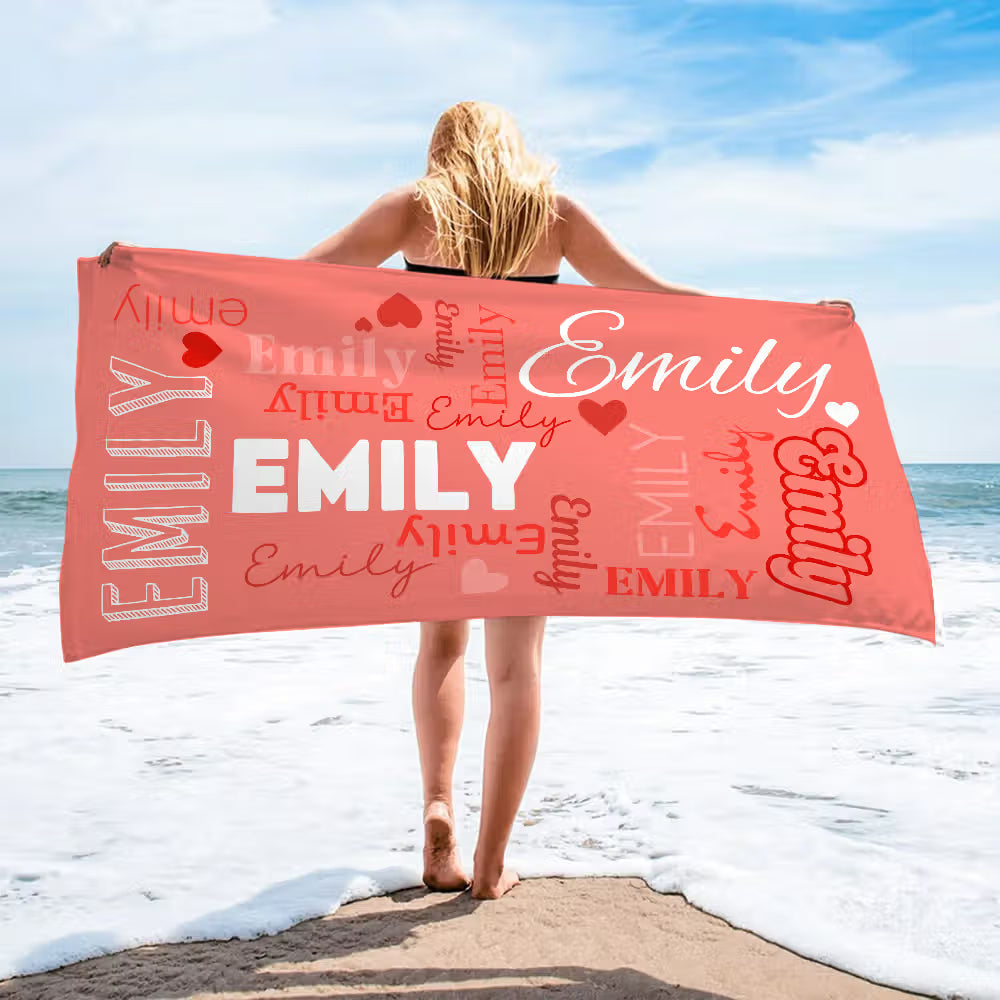 Personalized Multicolor Word Cloud Quick Dry Oversized Beach Towel – Custom Name Microfiber Summer Pool Towel, Perfect Vacation Gift