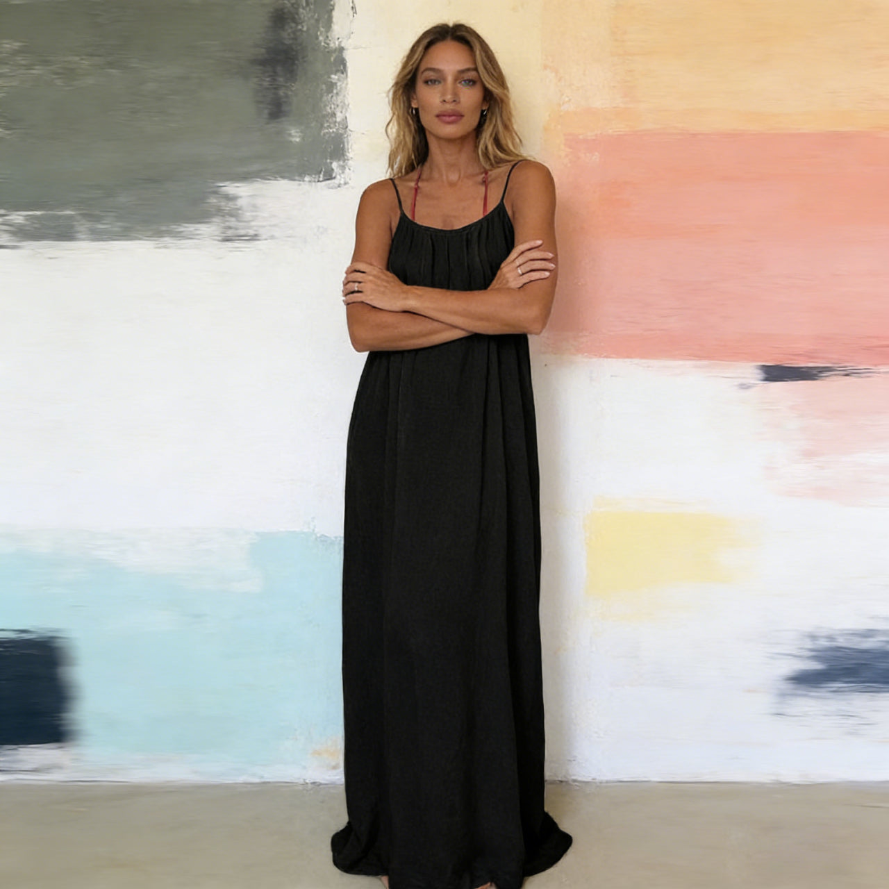 Solid Color Backless Maxi Dress weith Adjustable Straps - Casual Summer Beach Dress for Vacation