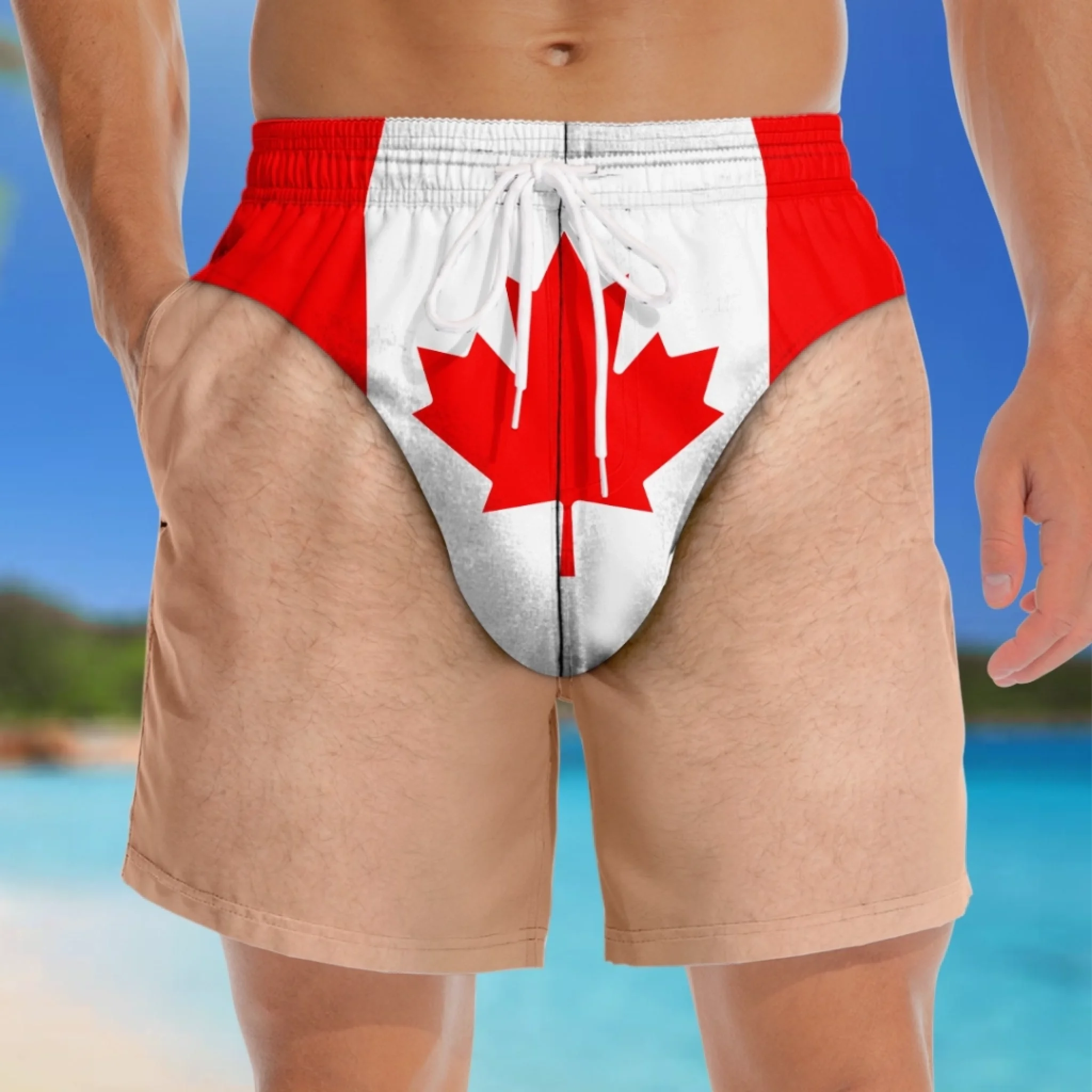 Custom Funny Men‘s Swim Trunks – Personalized Summer Vacation Beach Shorts, “Hello Summer Fun” Gift for Him with Skin Tone Choice