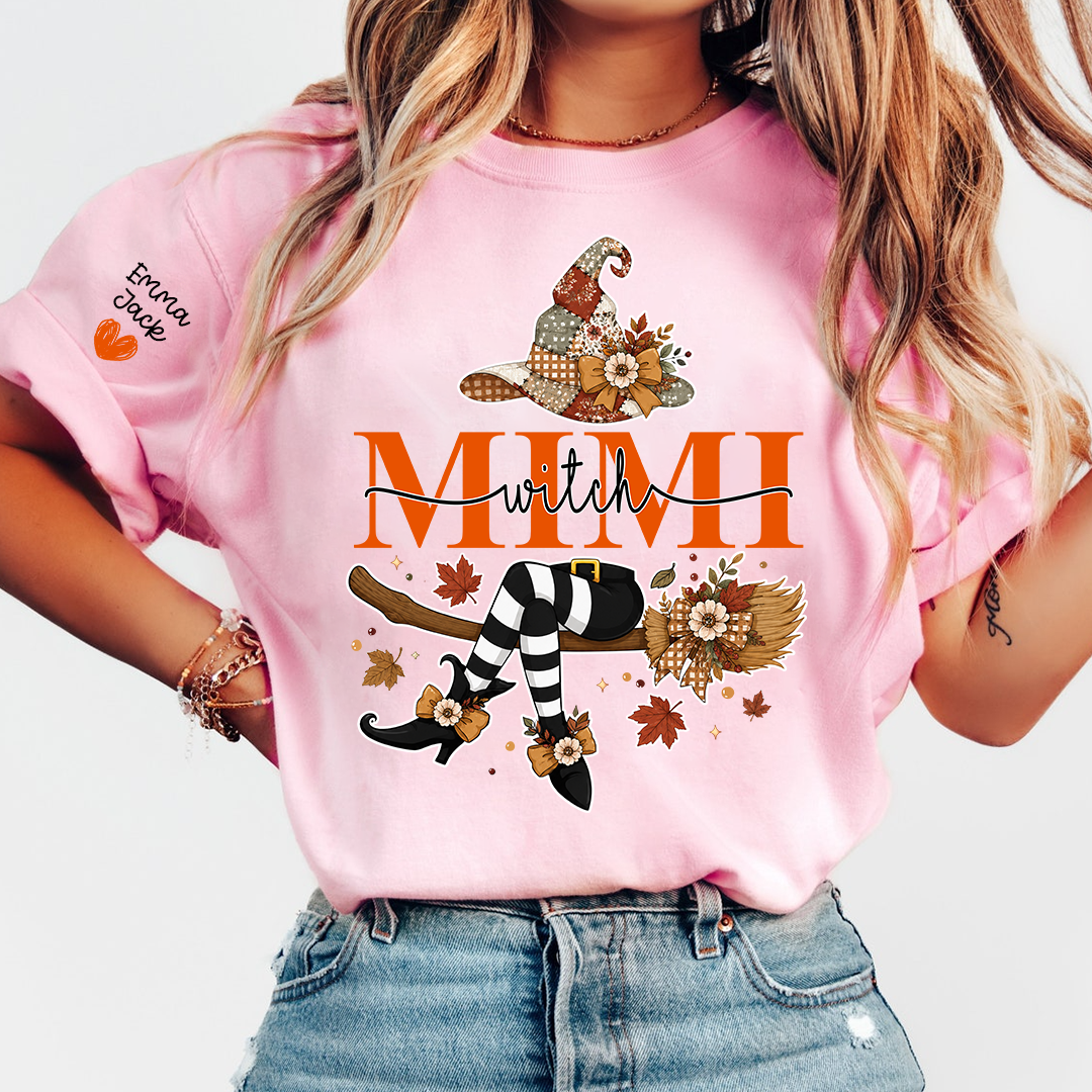 Personalized Mimi Witch Shirt with Family Names – Funny Halloween Grandma T-Shirt, Fall Gift for Mimi