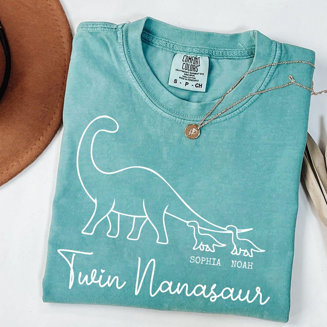 Personalized Twin Nanasaur Shirt with Grandkids’ Names – Dinosaur Grandma T-Shirt, Fun Gift for Nana