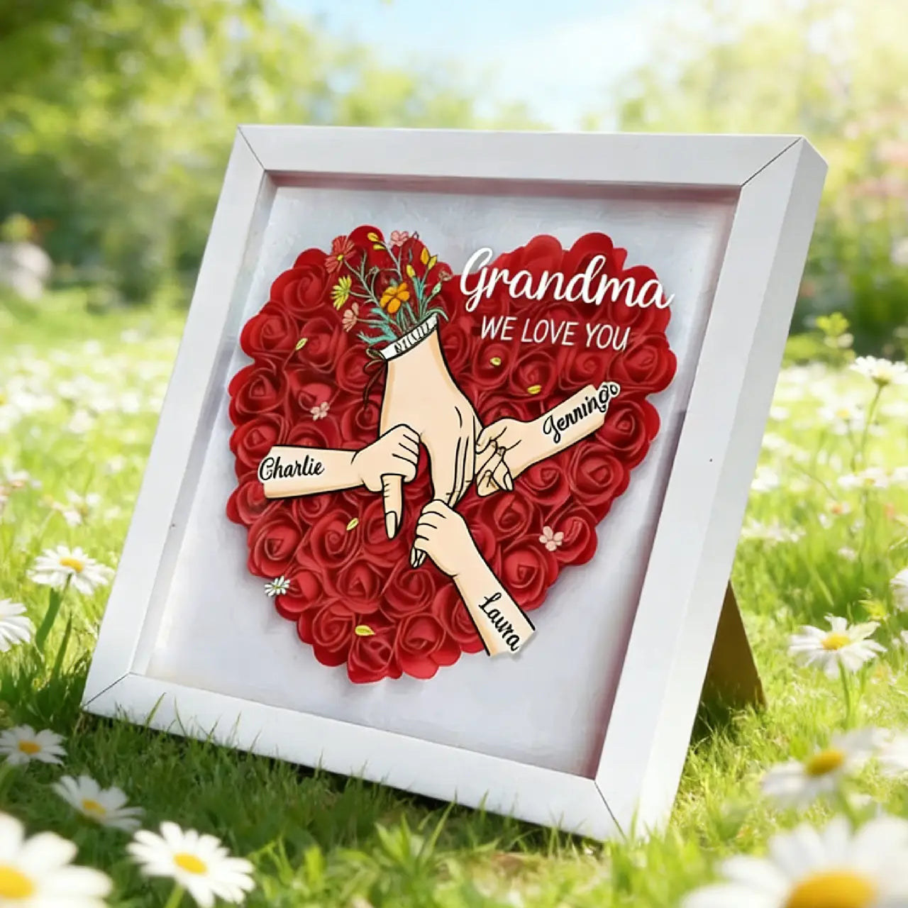 Custom Holding Hands Flower Shadow Box - Personalized "We Love You" Gift with Kids Names for Mother's Day