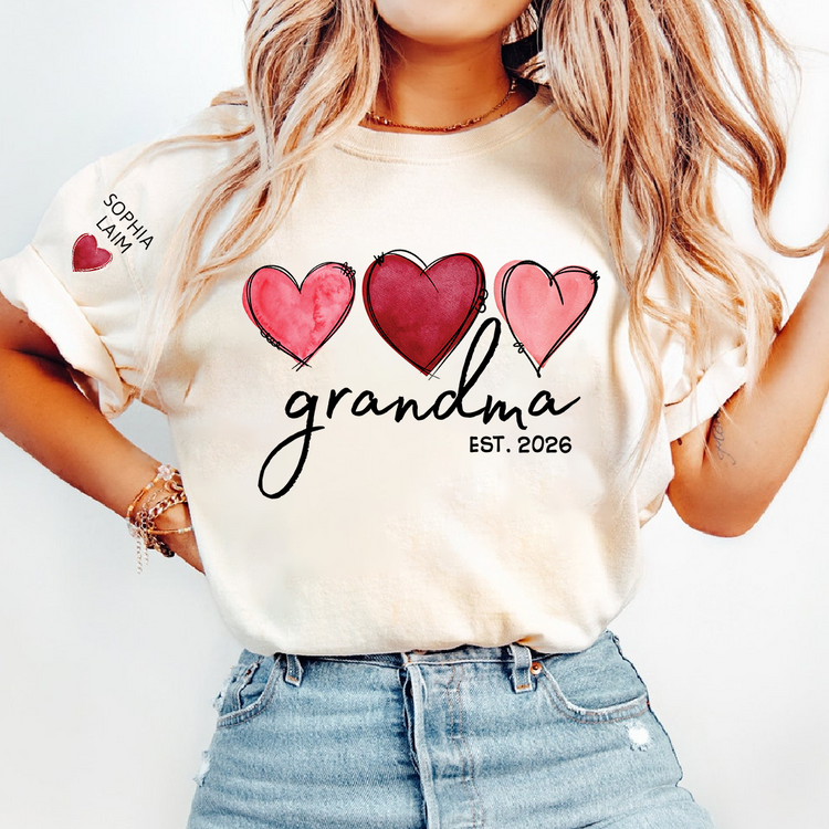 Custom Watercolor Hearts Design Grandma T-Shirt - Personalized with Grandkids Names on Sleeve
