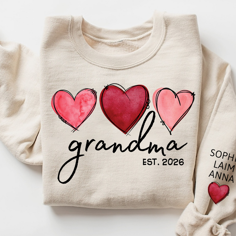 Custom Watercolor Hearts Design Grandma Sweatshirt - Personalized with Grandkids Names on Sleeve