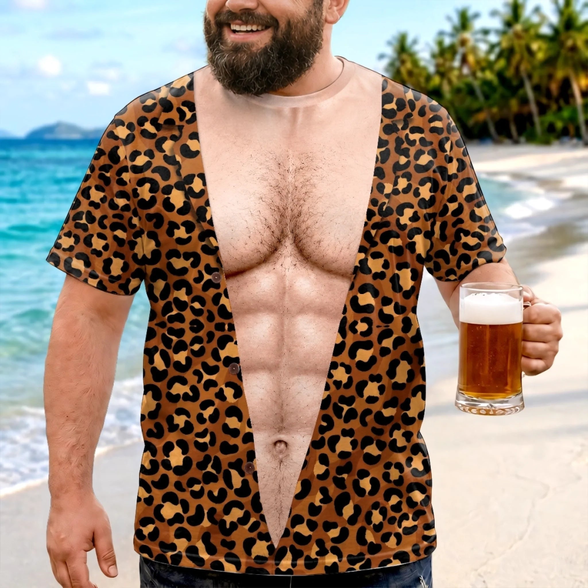 Custom Funny Men’s T-Shirt with Muscular Chest Illusion – Birthday & Beach Vacation Gift for Him