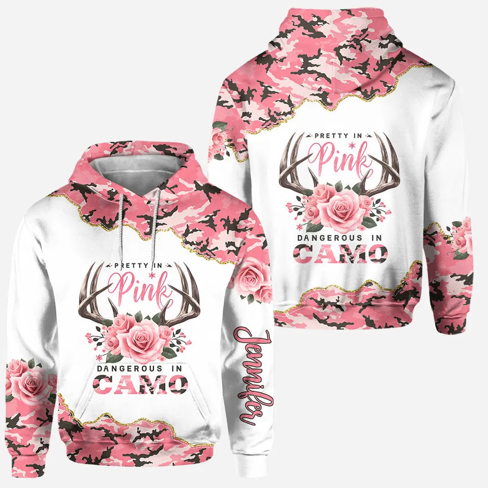 Personalized "Pretty in Pink, Dangerous in Camo" Hoodie & Leggings Set - Custom Pink Camo Rose Outfit